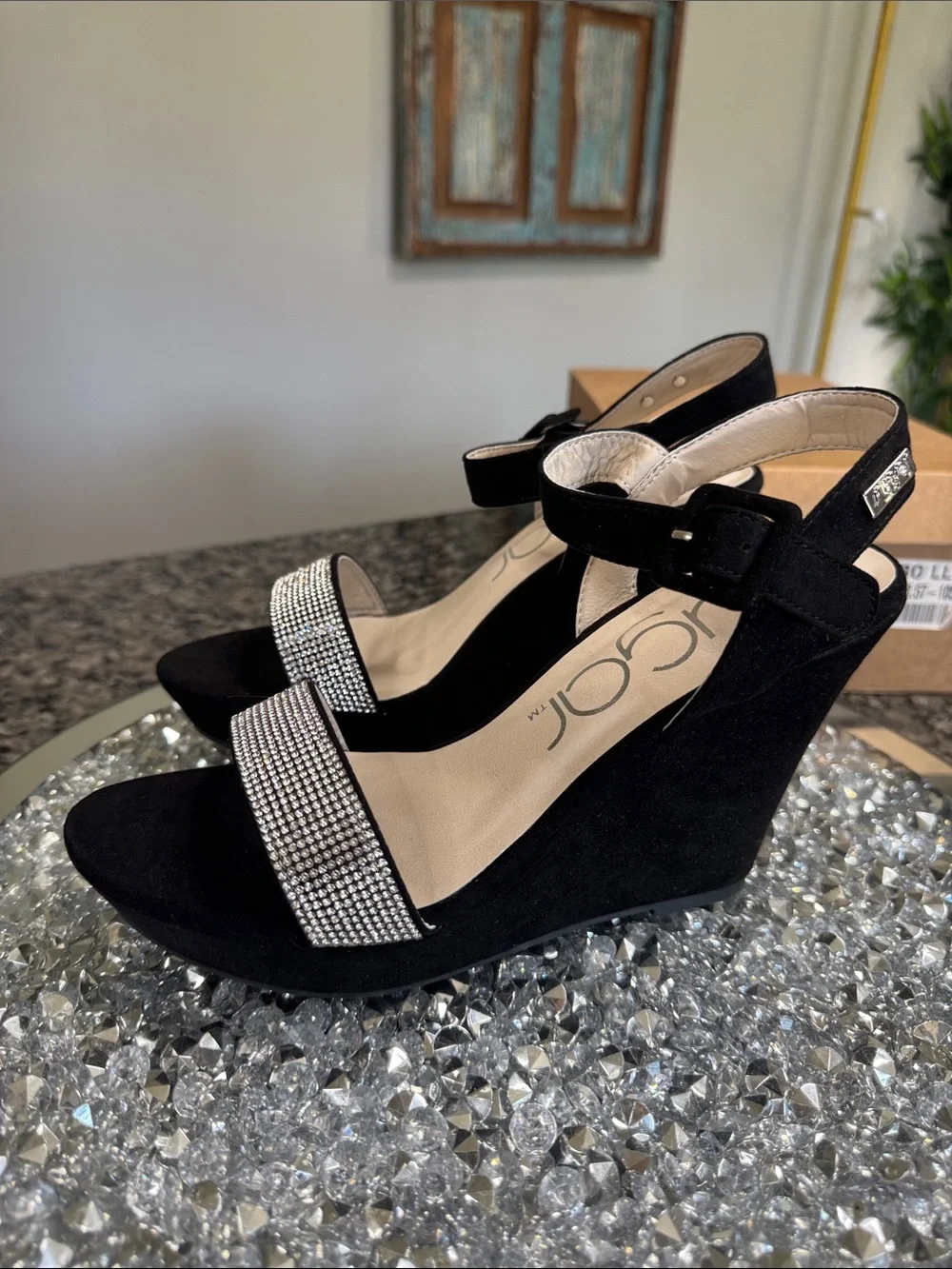 Sugar Black Wedge Sandals with Crystal Front Strap NEW 8.5